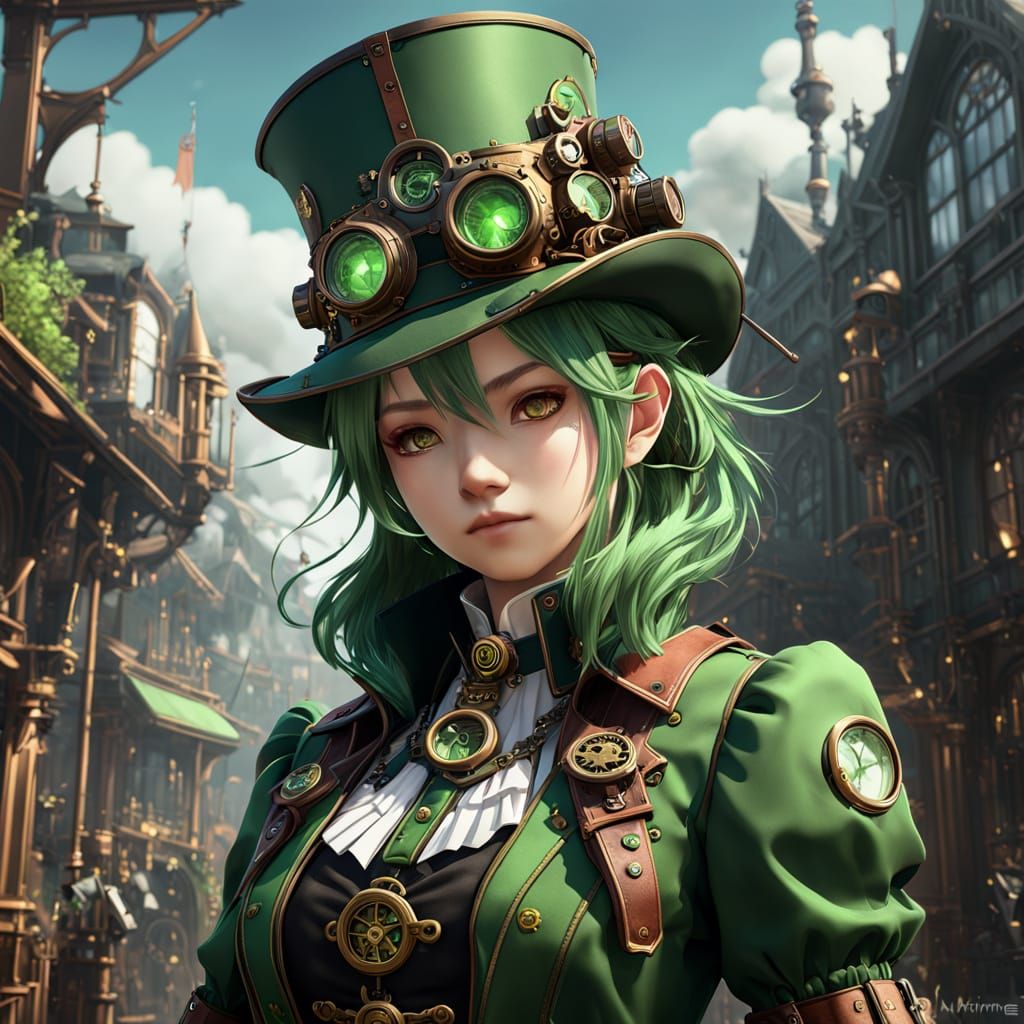 Steampunk Fairy in Emerald Green, Wearing Elegant Goggles an...