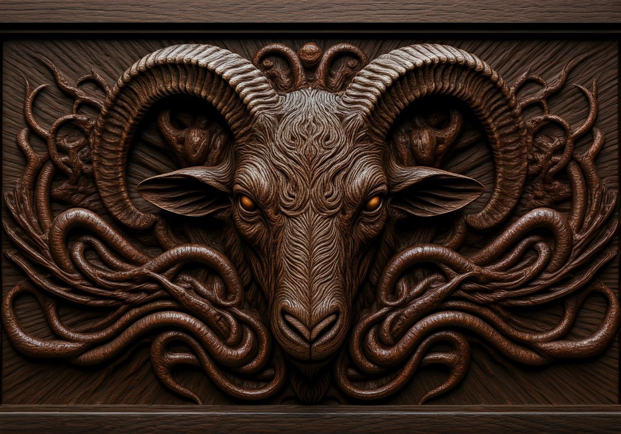 Grotesque Goat Head Relief in Eldritch Horror Style
