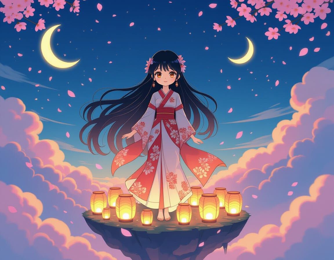 Anime Girl on Floating Lantern Island