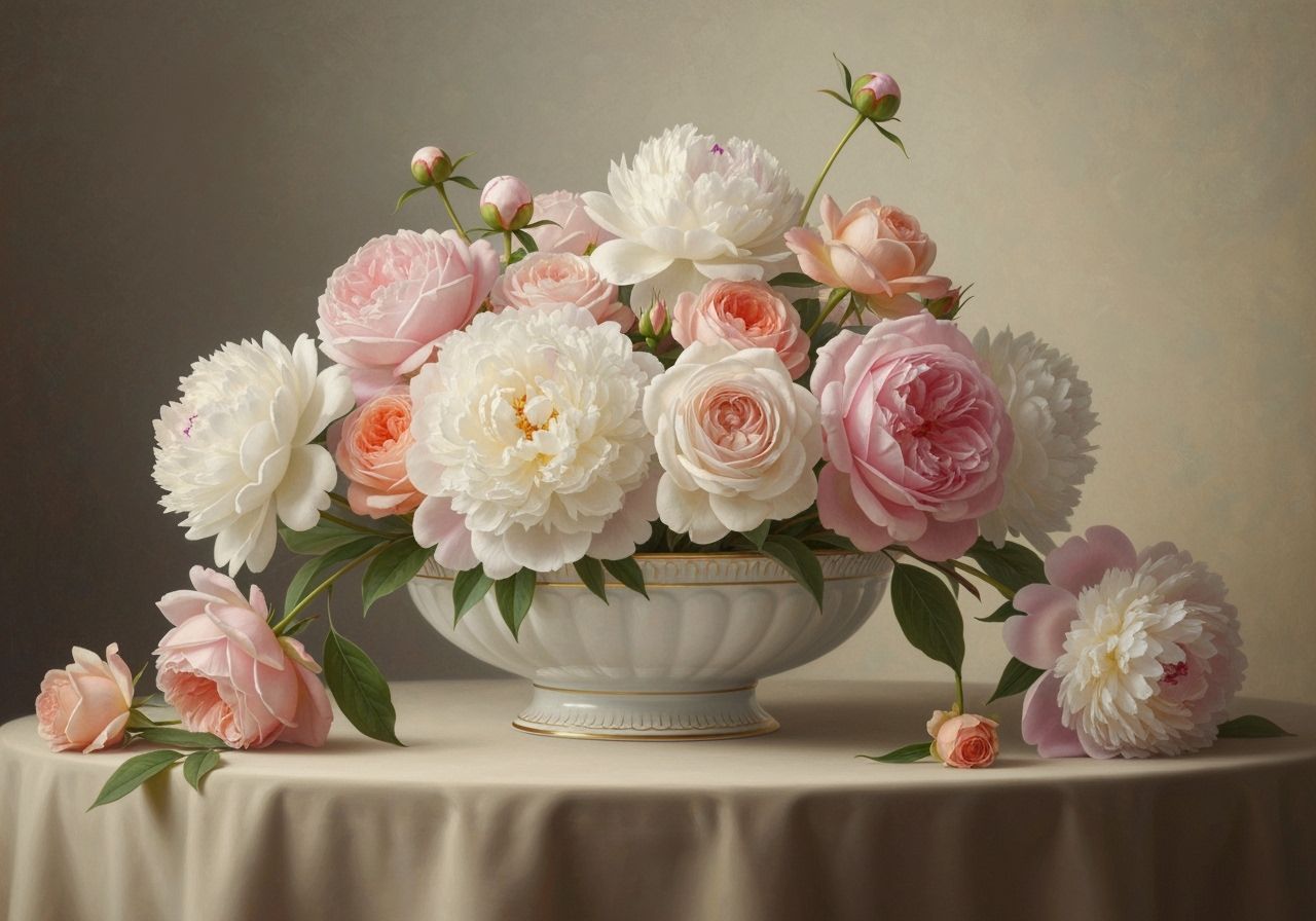 Peonies and Roses Still Life in Pastel Tones