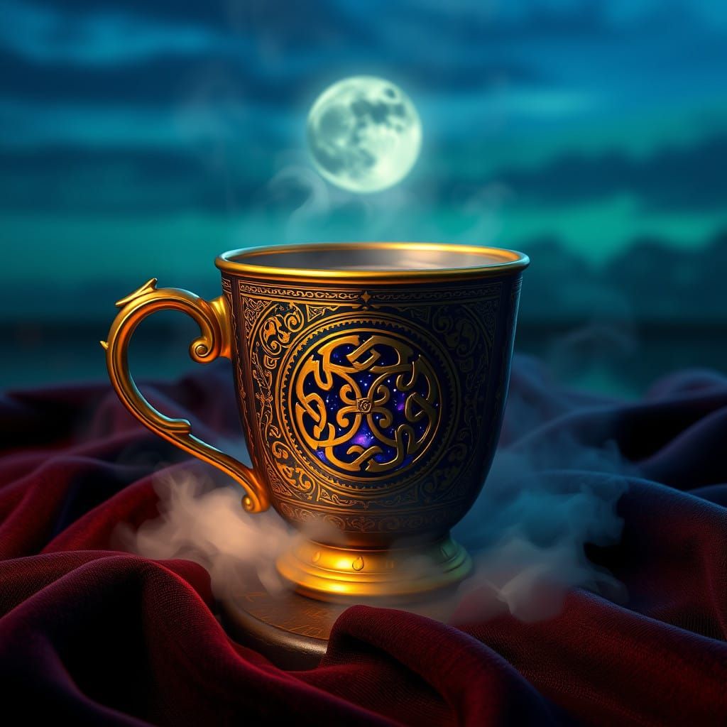 Golden, Celtic-Inspired Coffee Cup in Mystical, Moonlit Sett...