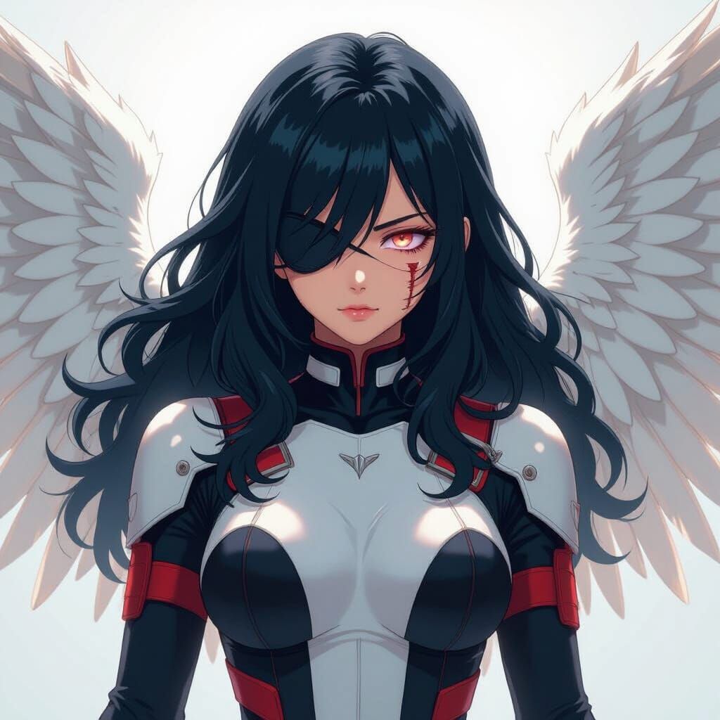 Anime Heroine with White Wings and Scarred Eye