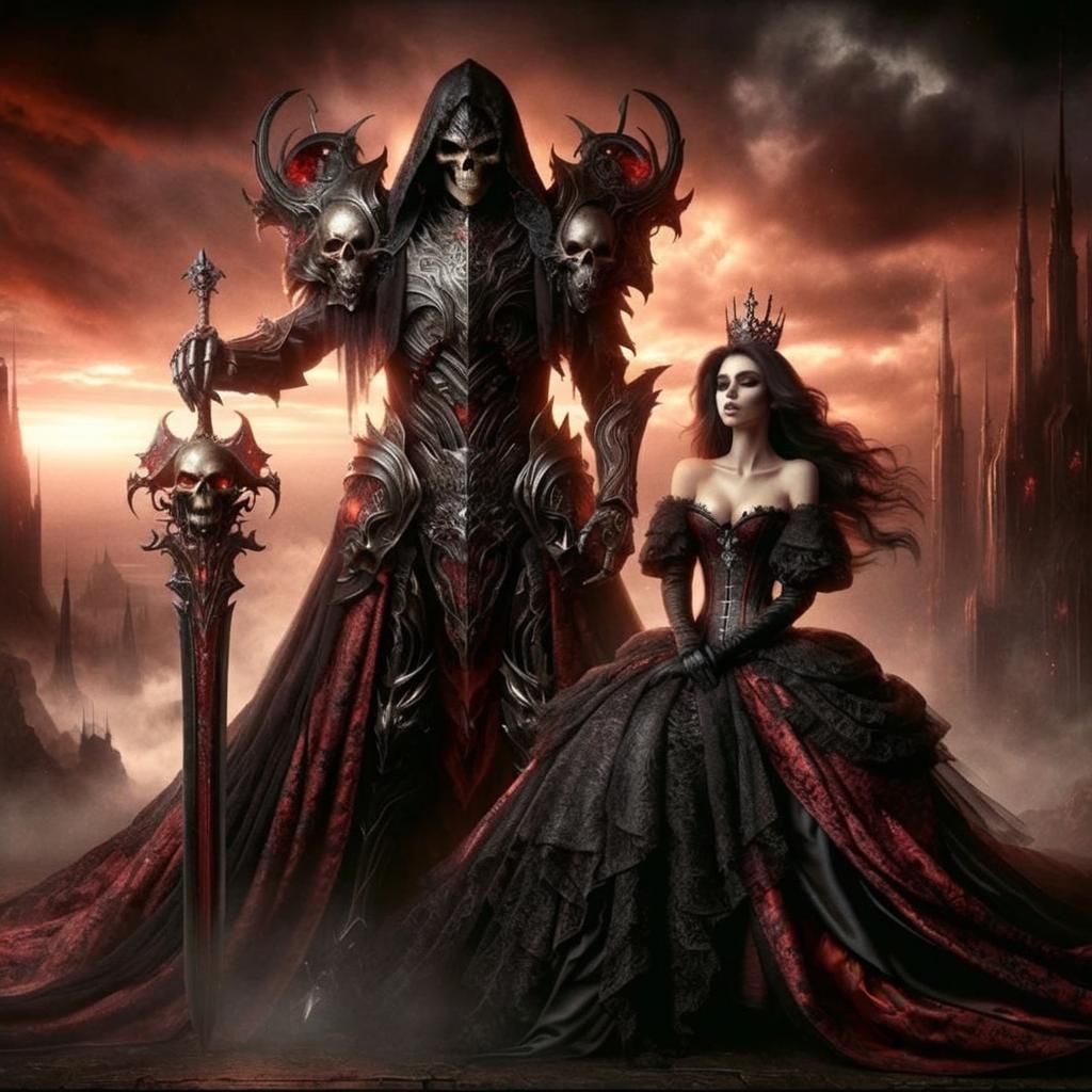 Gothic Fantasy Scene with Armored Figure and Elegant Woman
