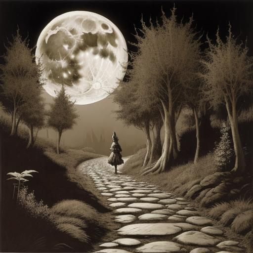 Dark Fantasy Creature Walks to Moon, Risograph Style