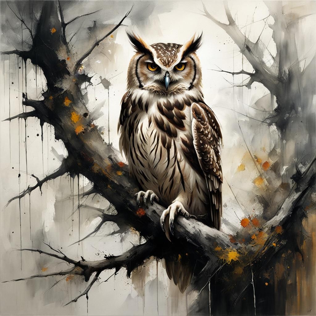 Dramatic Owl in Tree, Sinister Fine Art