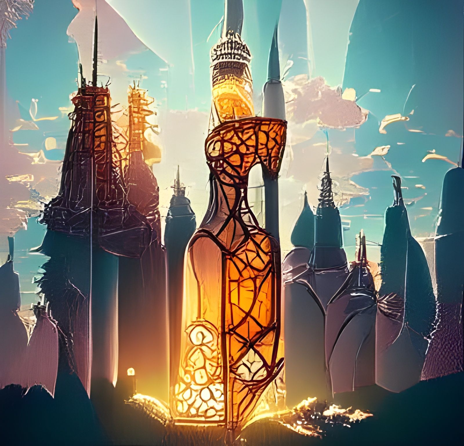 Glowing Amber Tower: Digital Art in Alphonse Mucha Style