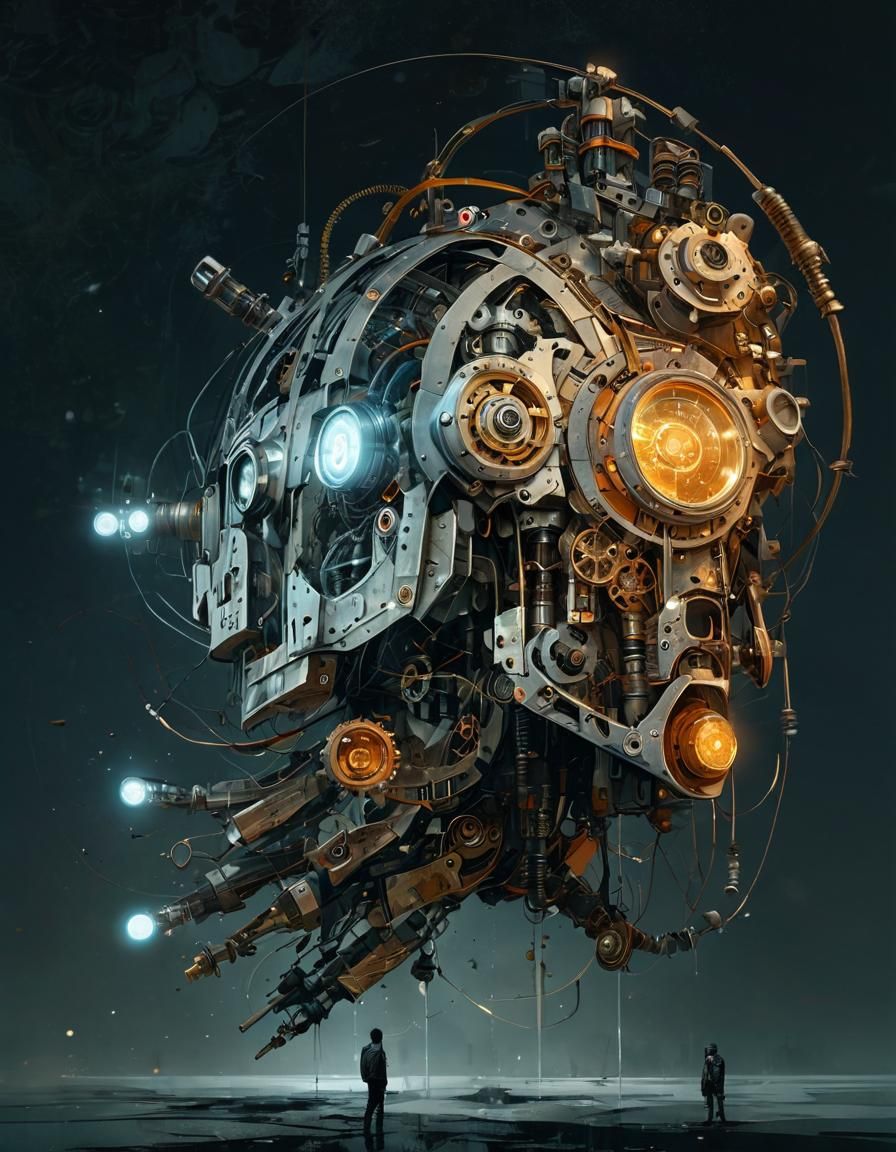 Steampunk Robot Double Exposure in Maximalist Style