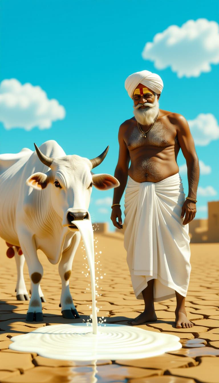 Elderly Indian Farmer and Sacred Cow in Desert