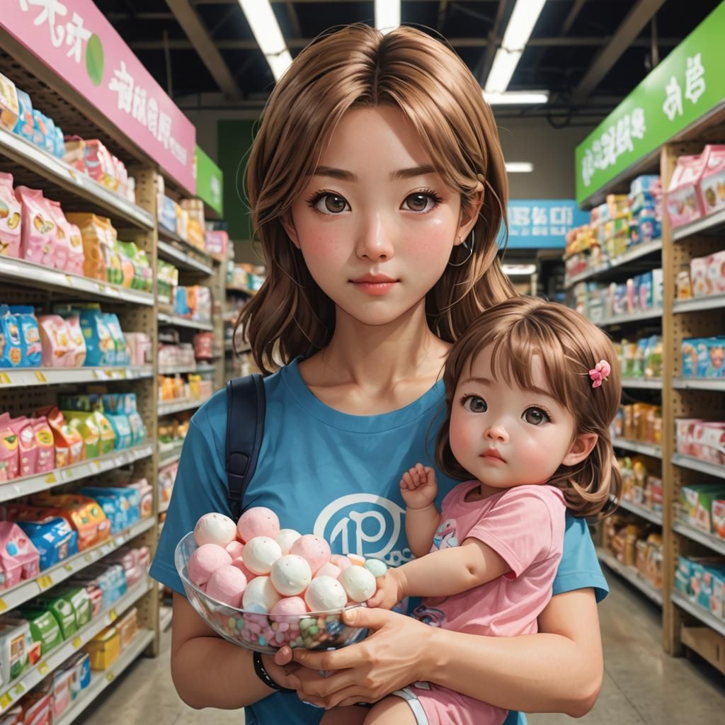 Asian American Woman with Baby, Anime Style
