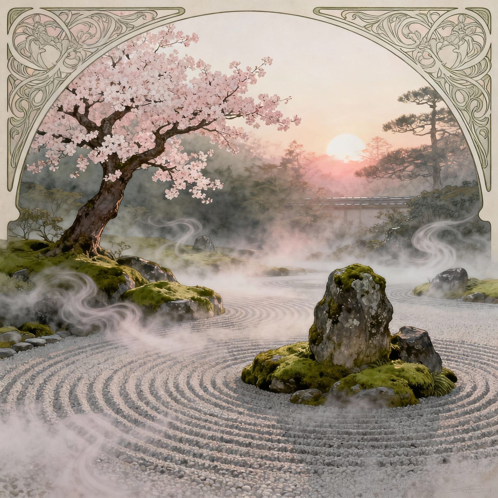 Ethereal Japanese Zen Garden at Dawn