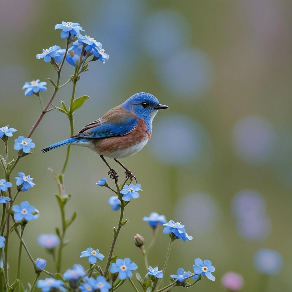 Macro Photograph of Blue Bird on Forget-Me-Not Flower