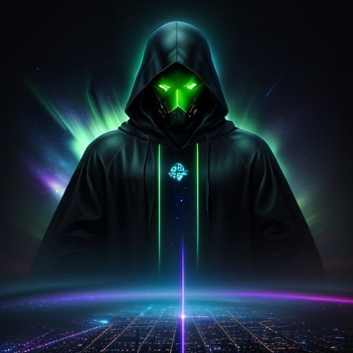 Cyberpunk Cityscape with Hooded Figure and AI Entity