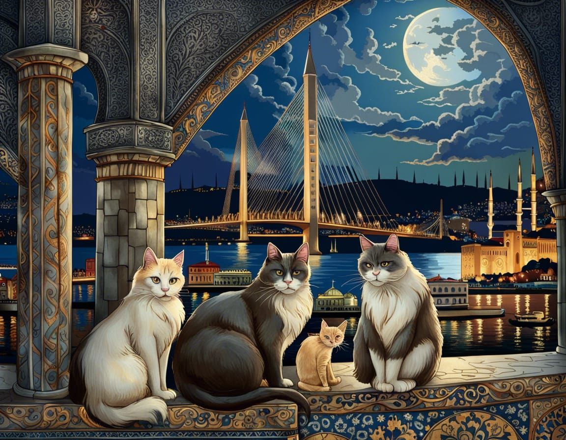 Epic Istanbul Bridge View with Cats in Moonlight