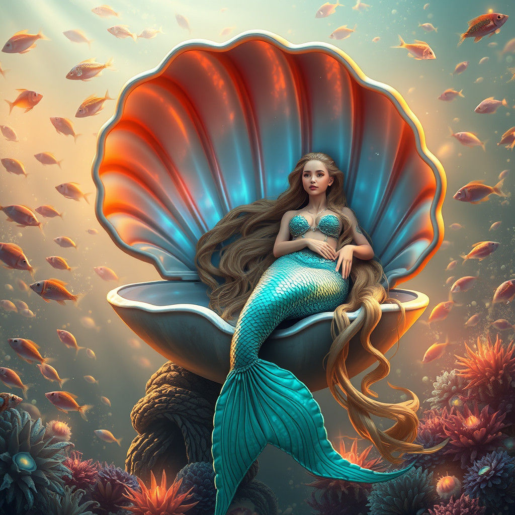 Majestic Mermaid in Iridescent Shell with Bioluminescent Flo...