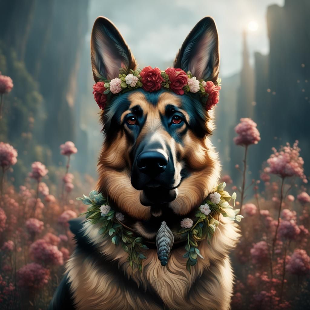 German Shepherd with Flower Crown in Matte Painting Style