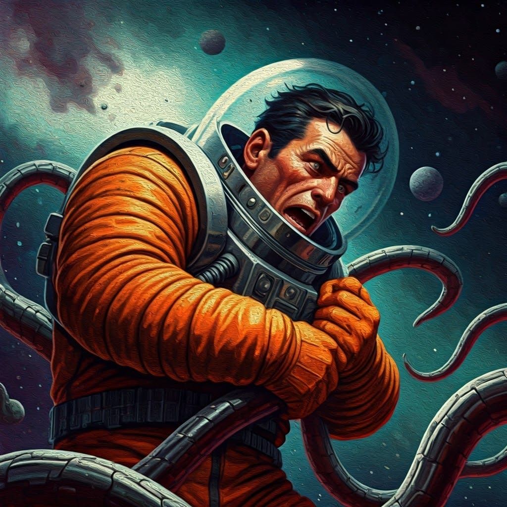 Astronaut's Space Battle: Retro Sci-Fi Pulp Art