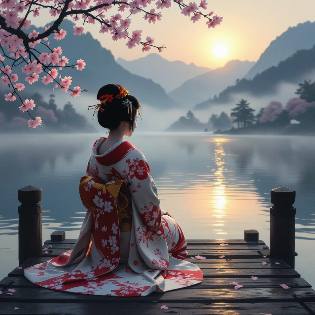 Geisha on Pier Overlooking Misty Lake in Fantasy Art Style