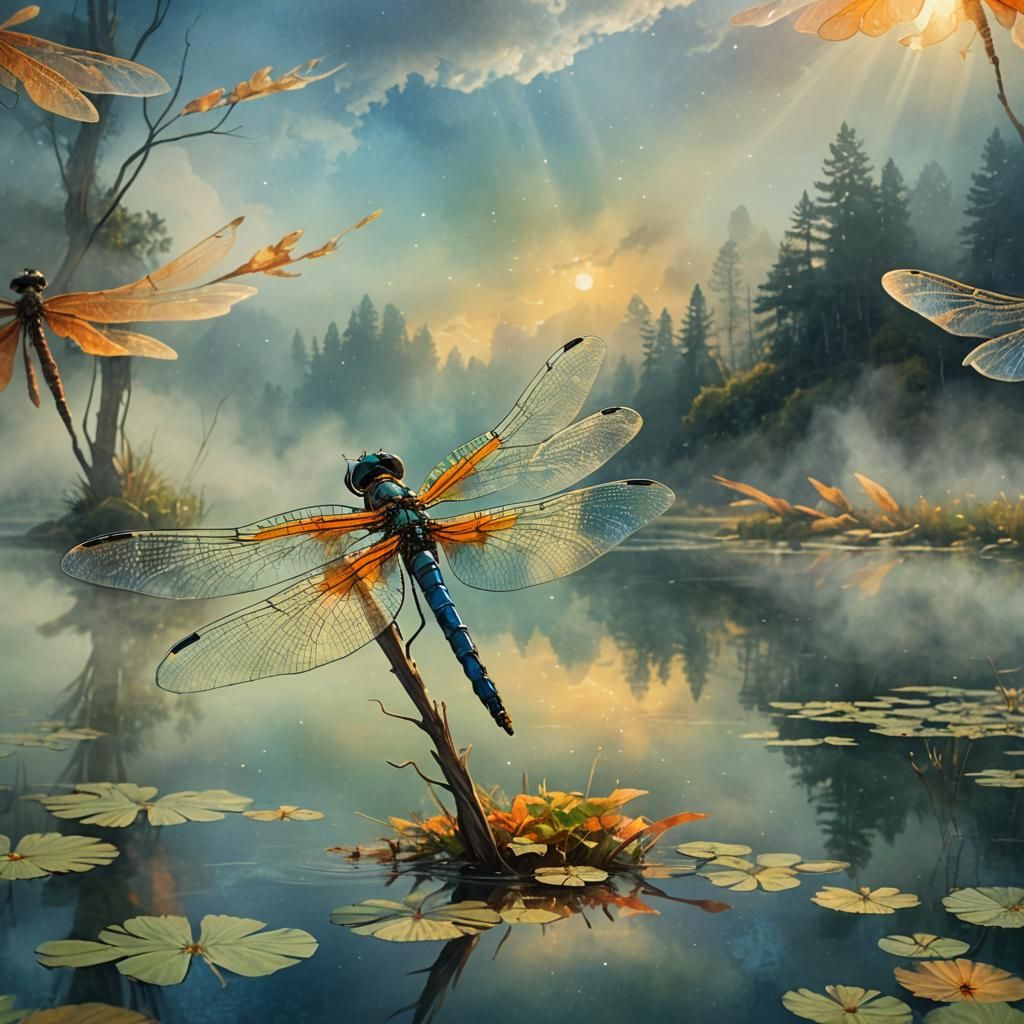 Cloud Dragonfly Soaring Over Misty Lake