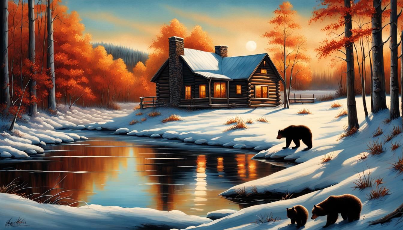 Winter Landscape with Black Bear, Matte Painting