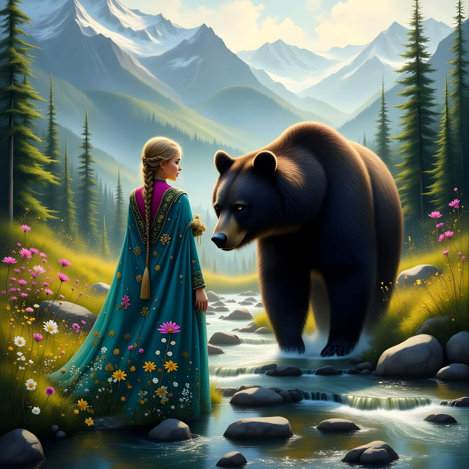 Blond Woman in Turquoise Velvet Cloak Walking with Majestic ...