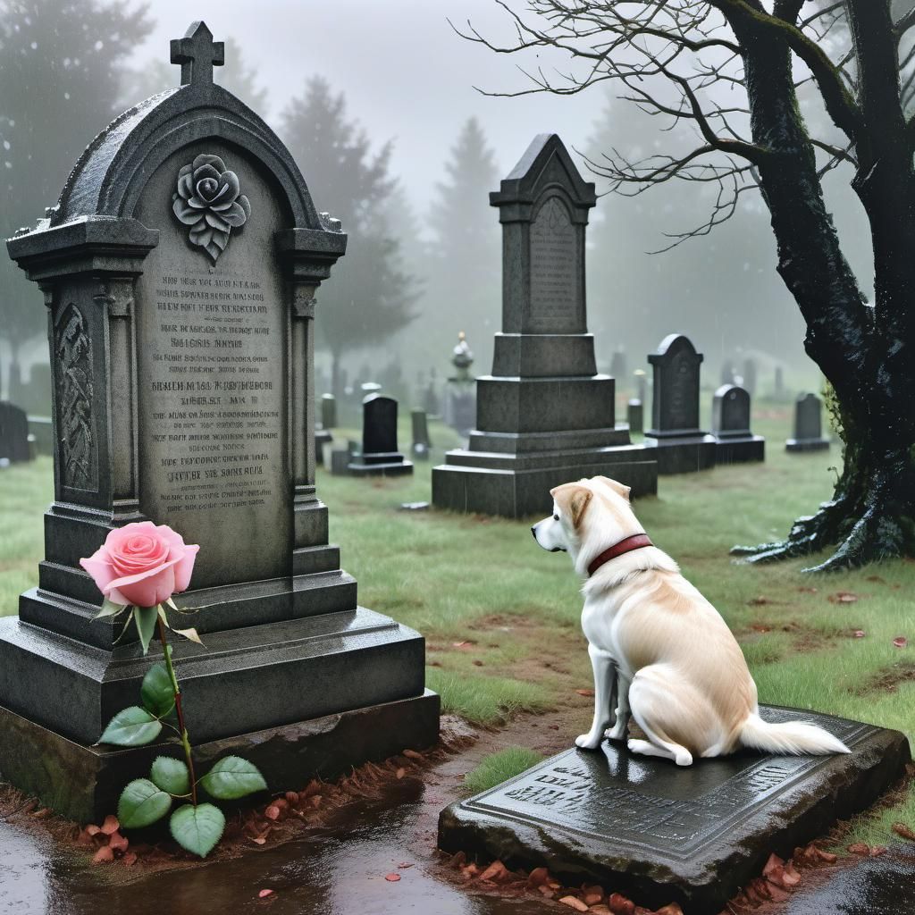 Dog with Rose at Gravestone: Watercolor Illustration