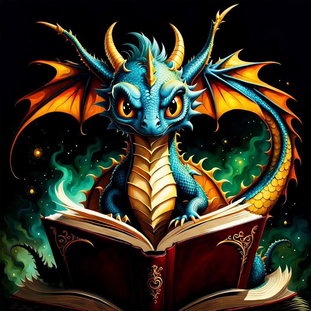 Dragon Emerges from Book in Gothic-Punk Fairytale Style