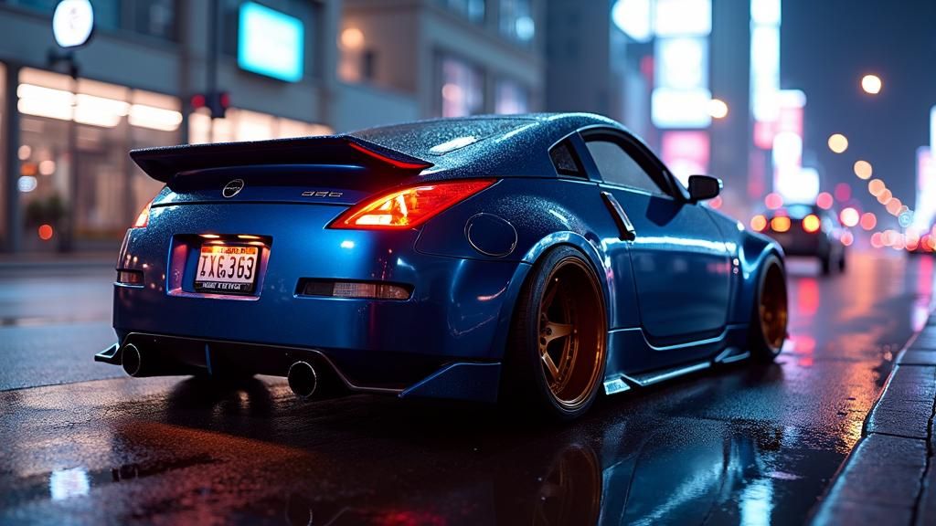 Dark Cobalt 350 Z in Rain, Futuristic Cityscape