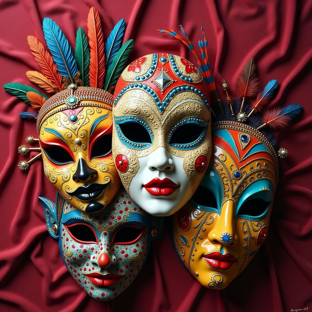 Ornate Cultural Masks in Pop Art Style