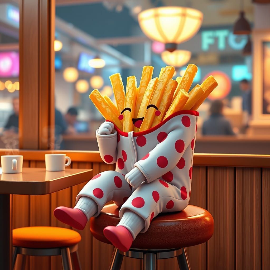 Cute French Fry in Cozy Coffee Shop Scene