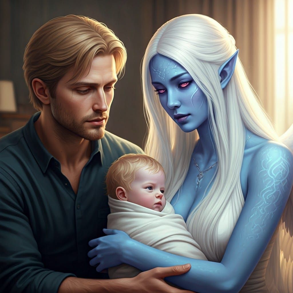 Angel Woman with Child: Hyperrealistic Family Portrait