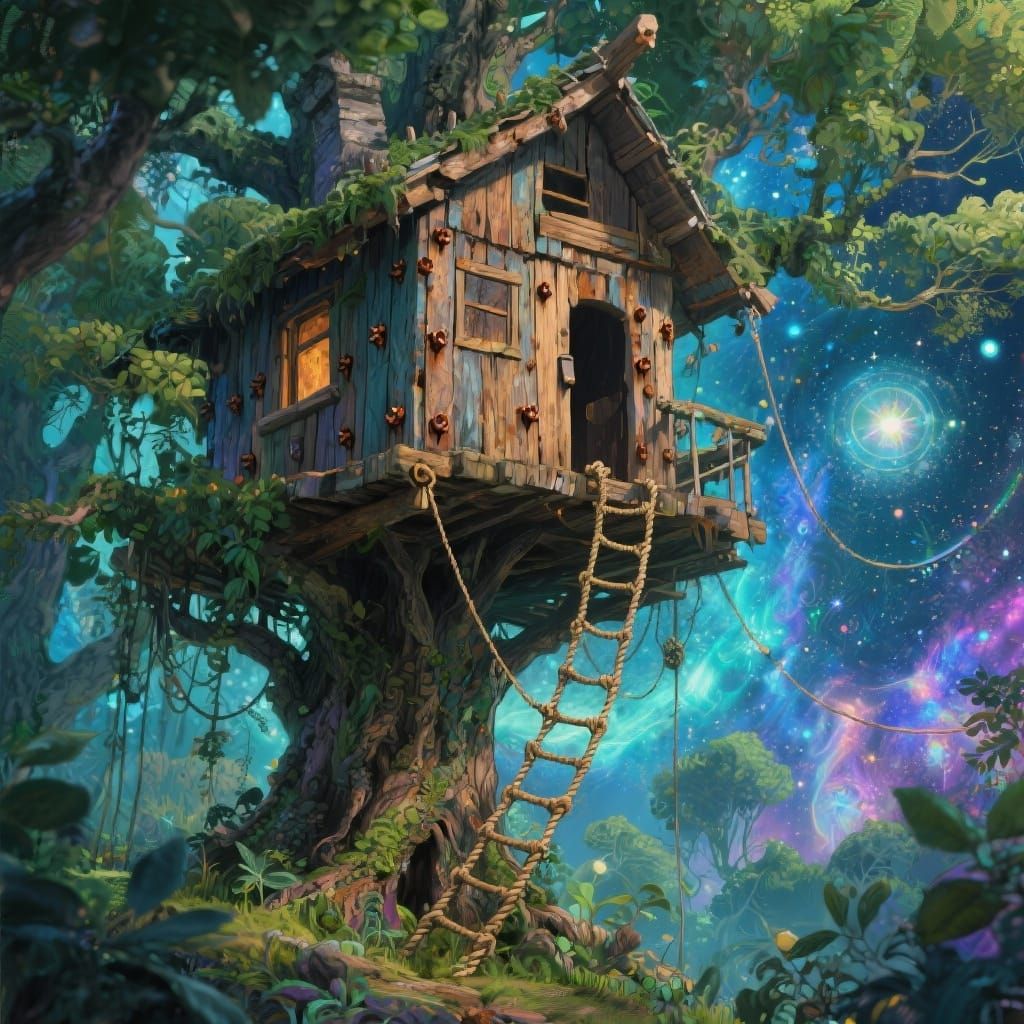 Mystical Treehouse Illustration with Cosmic Elements