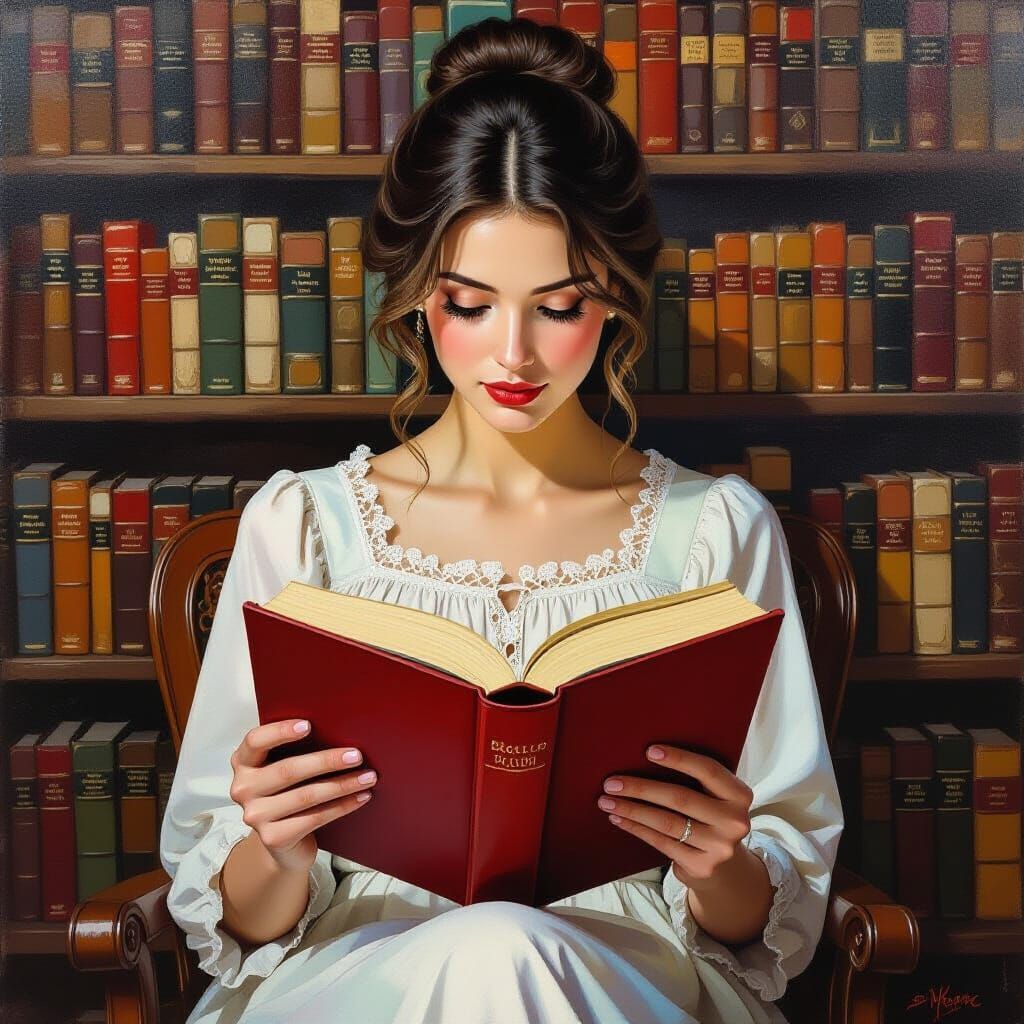 Woman Reading a Book: Gouache Style Painting