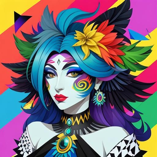 Rainbow Dragon Woman with Flower Crown in Cubist Style