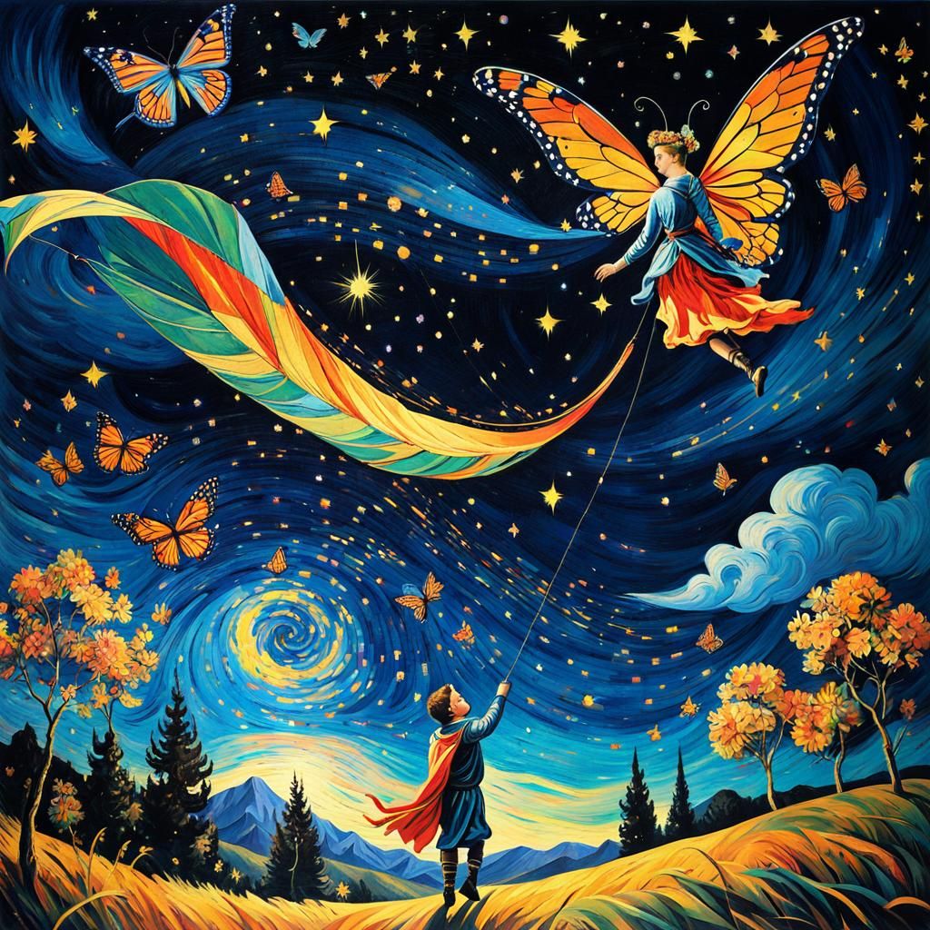 Fairy with Kite Soaring in Starry Night Sky