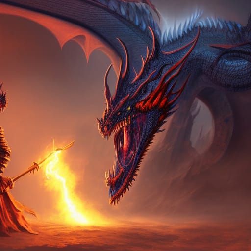 Dragon Emerges from Shadows as Knight Watches