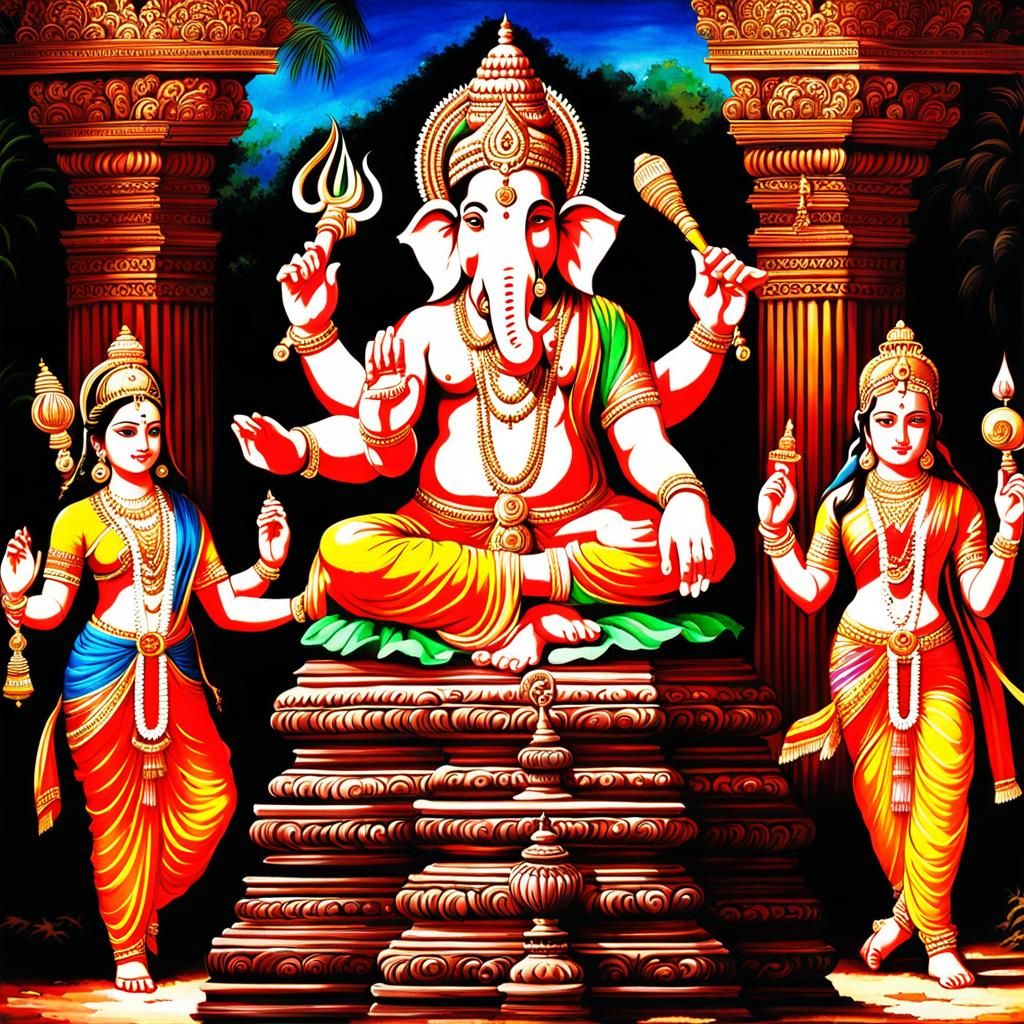 Ganesha Celebrates Holi with Family in Temple
