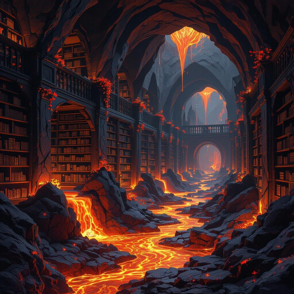 Lava Library with Bioluminescent Flowers