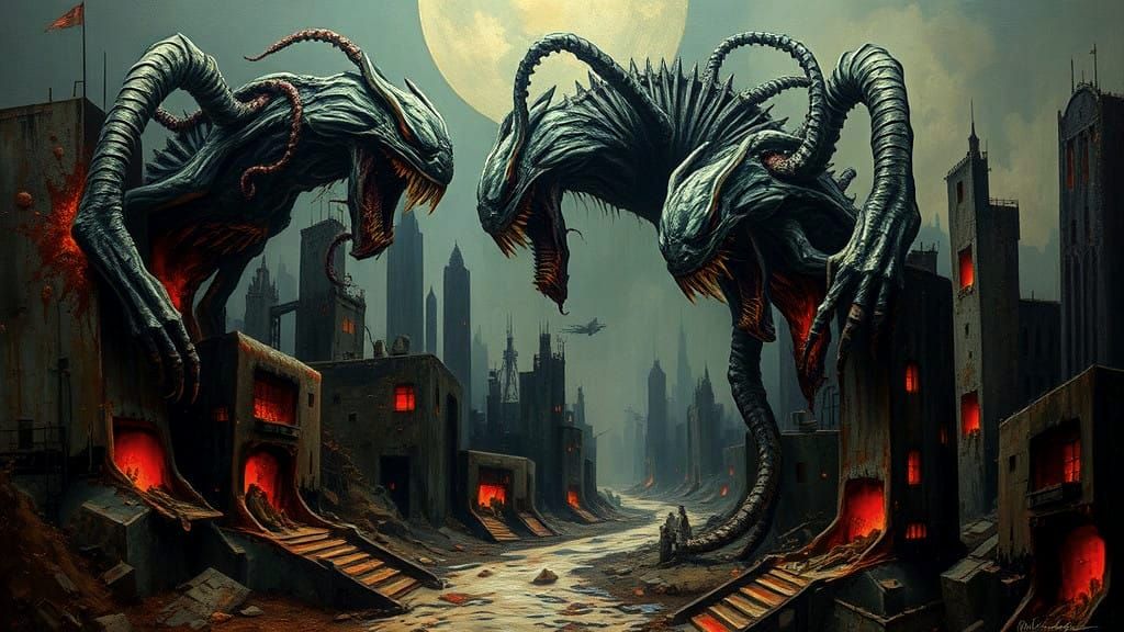 Surreal Cityscape Nightmare in Dark Oil Paint