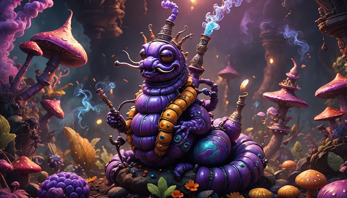 Psychedelic Caterpillar Smoking Hookah, Dark Fantasy Art