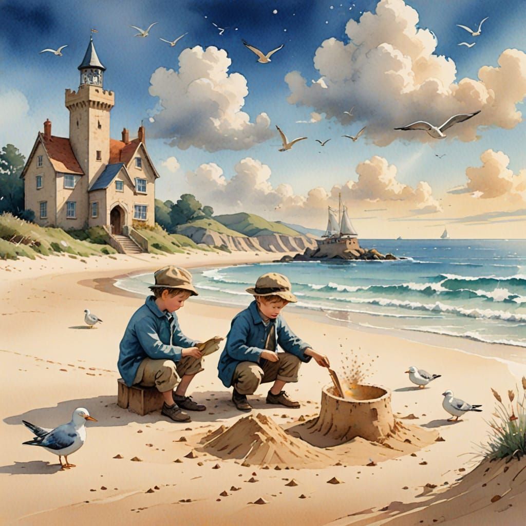 Whimsical Sandcastle Scene in Storybook Illustration Style