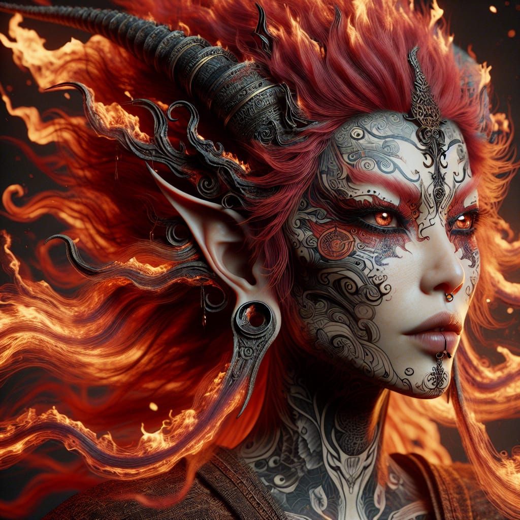 Fiery Deity with Tattoos in Burtonesque Style
