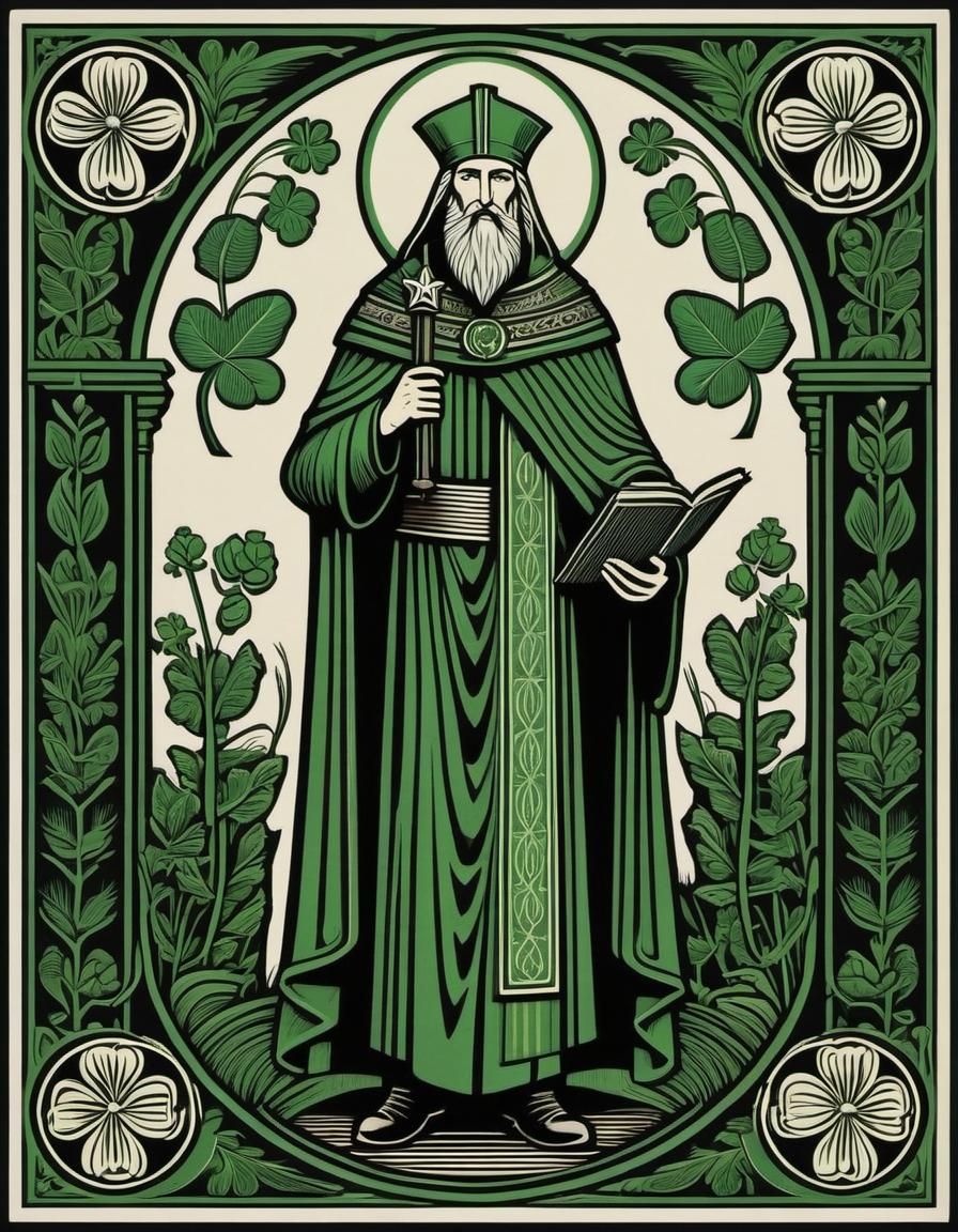 Saint Patrick (full body). The style is reminiscent of a woodcut print or linocut, with a limited color palette featurin...