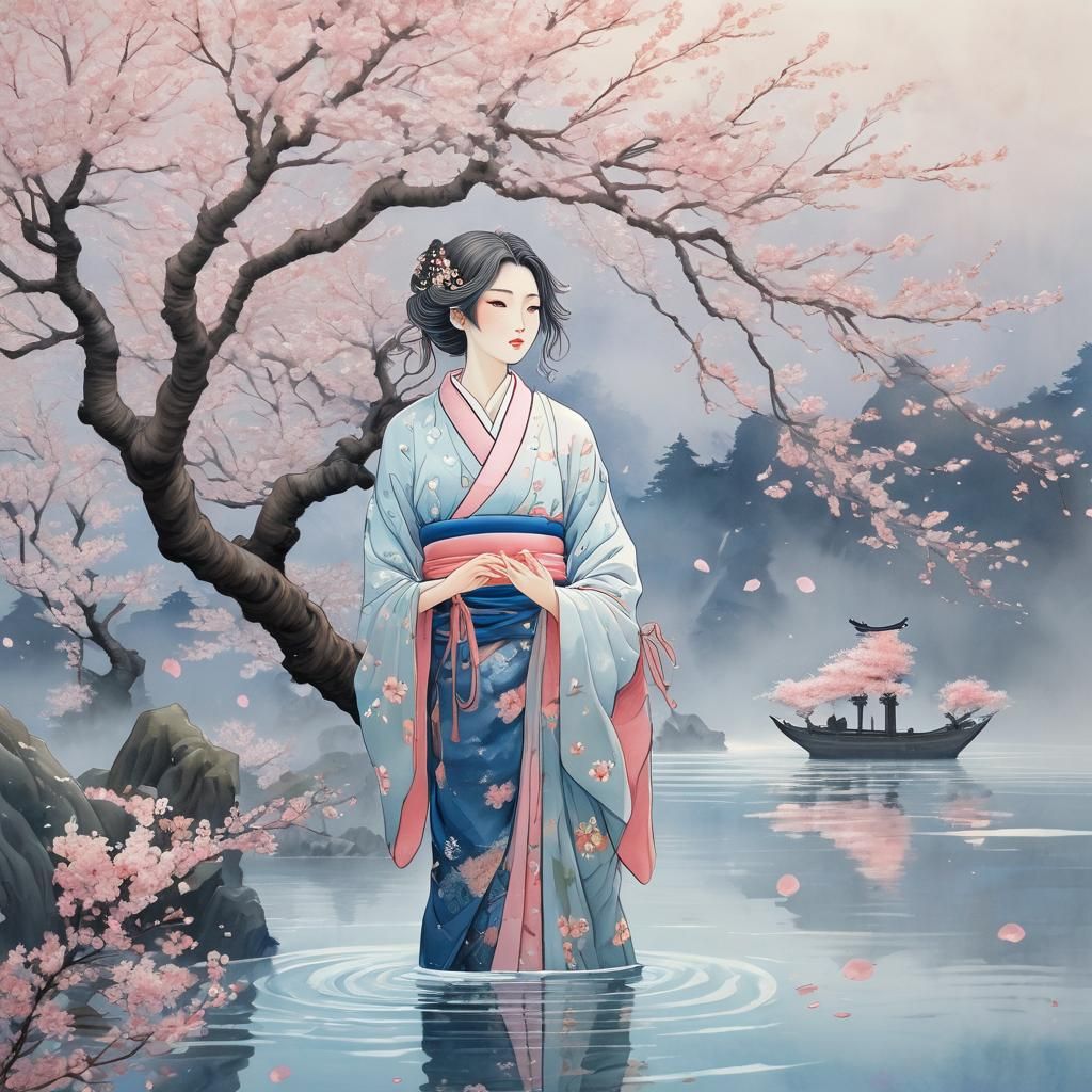 Goddess of Birth in Anime Style With Cherry Blossoms