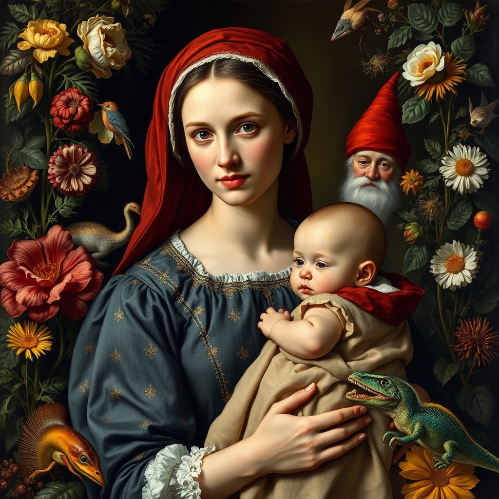 Young Woman in Baroque Crown, Surrounded by Vibrant Botanica...