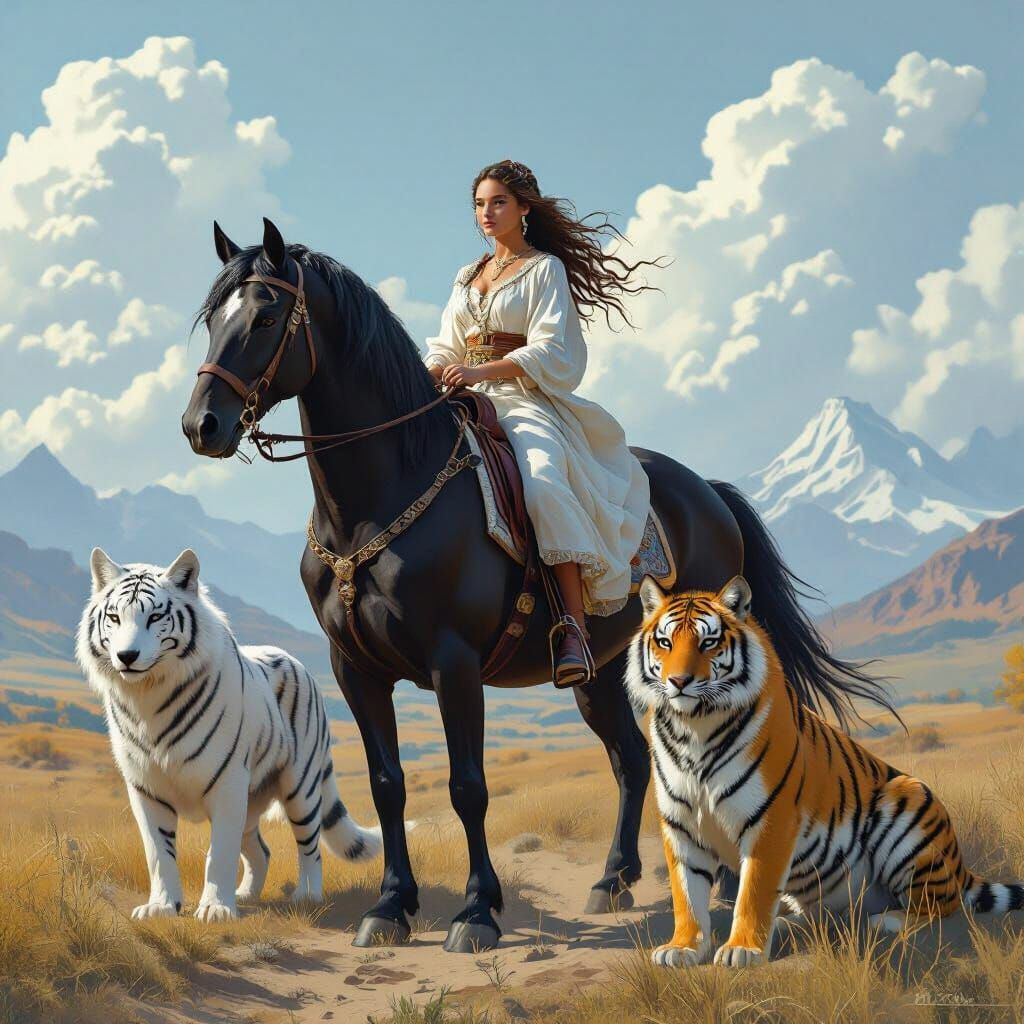 Girl Rides Black Stallion with Wildlife Companions