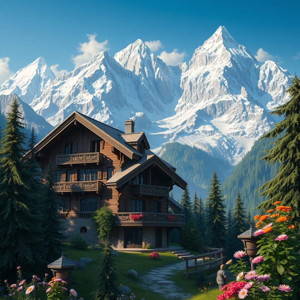 Majestic Alpine Peaks in a Charming Swiss Chalet Scene