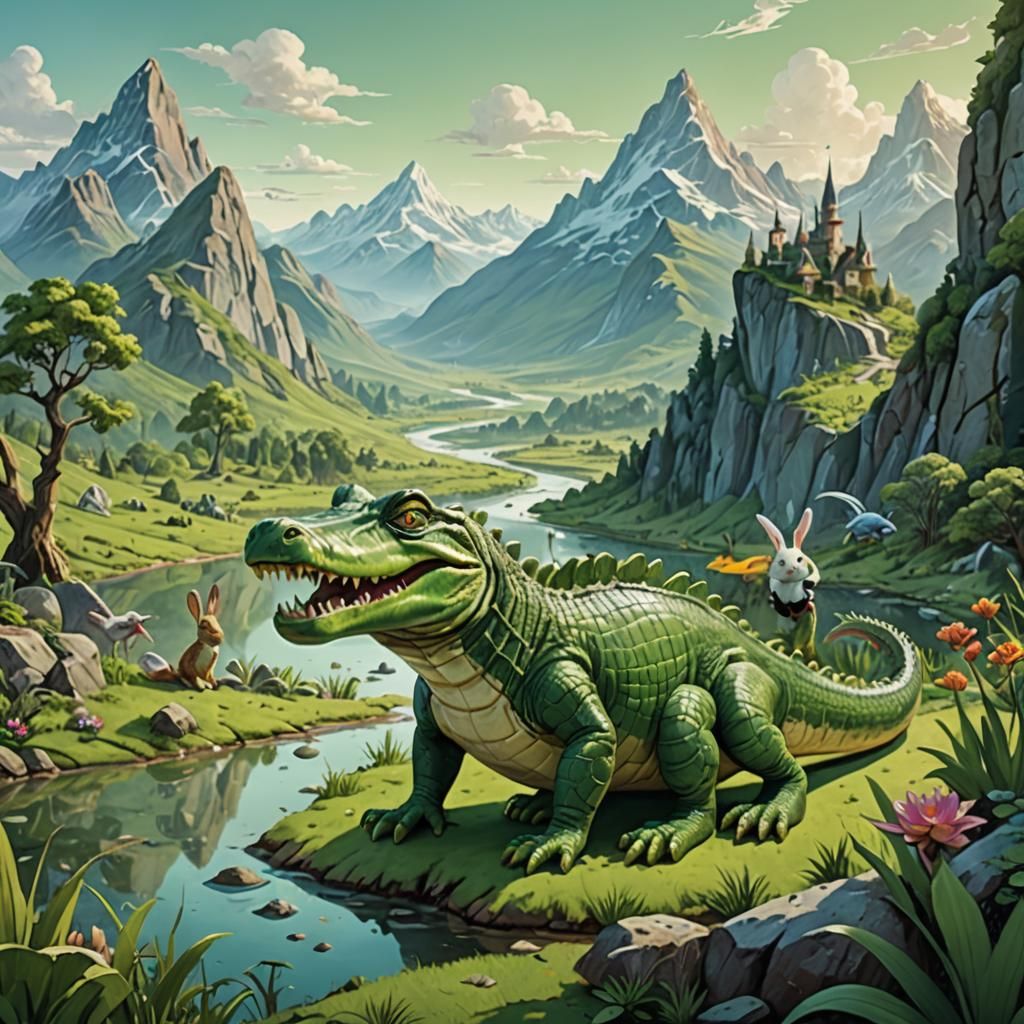Anthropomorphic Alligator in a Fantasy Landscape