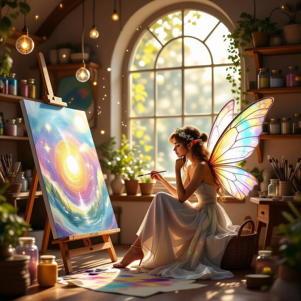 Fairy Artist Paints in Enchanted Studio