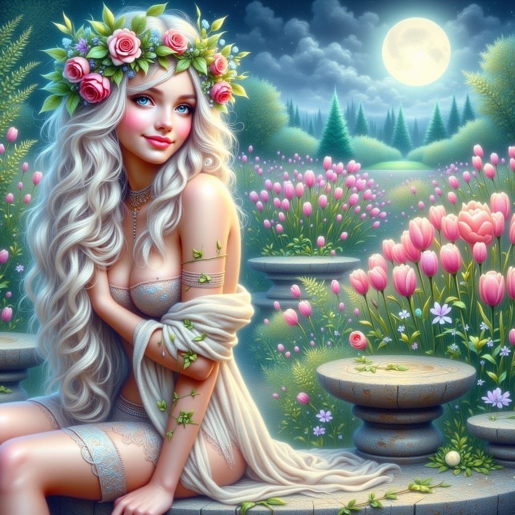 Moonlit Maiden in English Garden, Dreamy Art Style