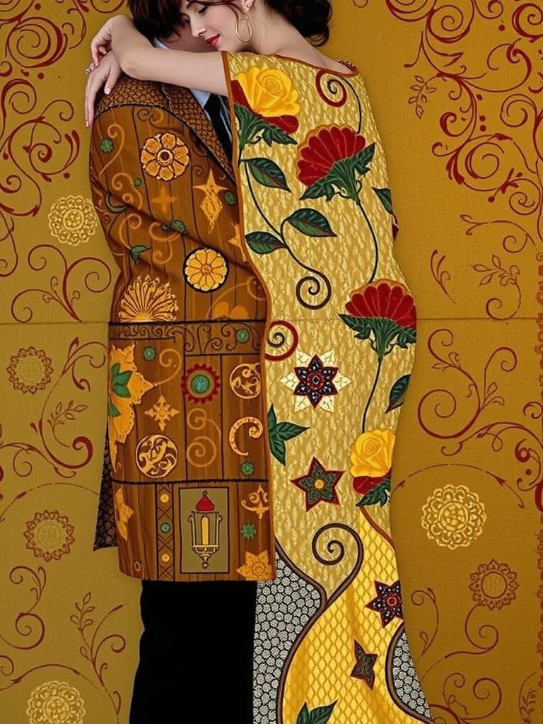 Klimt-Inspired Embrace with Gold Leaf and Byzantine Mosaics